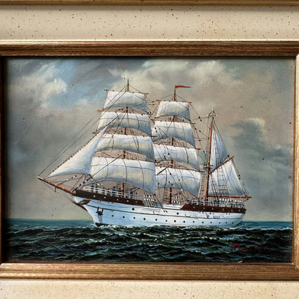 Rustic Seascape Oil Painting "Framed Ship" Vintage Small Artwork Holland Art Shop