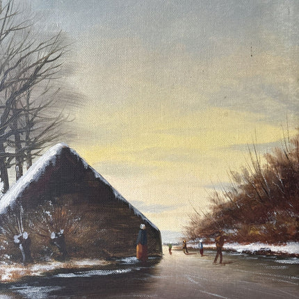 Made Around 1910 Oil Painting Persons Winter Cottage Sunset Antique and Authentic - HollandArtShop