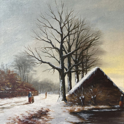 Made Around 1910 Oil Painting Persons Winter Cottage Sunset Antique and Authentic - HollandArtShop