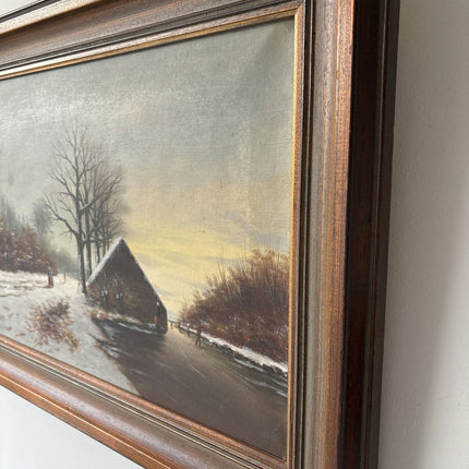 Made Around 1910 Oil Painting Persons Winter Cottage Sunset Antique and Authentic - HollandArtShop