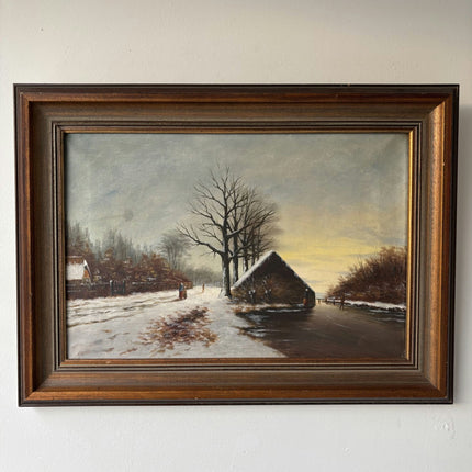 Made Around 1910 Oil Painting Persons Winter Cottage Sunset Antique and Authentic - HollandArtShop