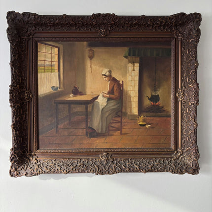 Marvelous Interior Oil Painting "Sewing Woman" Refined Medium Artwork - HollandArtShop