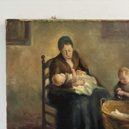 Marvelous Oil Painting Interior "Mother And Children" Fine Small Artwork - Holland Art Shop