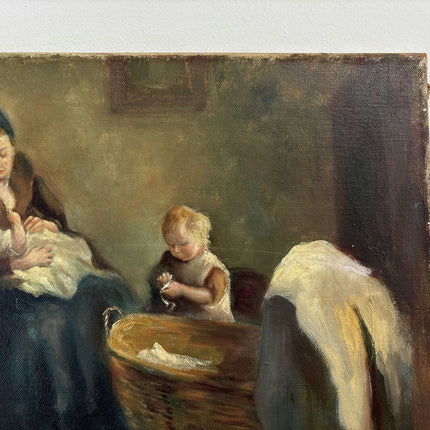 Marvelous Oil Painting Interior "Mother And Children" Fine Small Artwork - Holland Art Shop