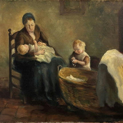 Marvelous Oil Painting Interior "Mother And Children" Fine Small Artwork - Holland Art Shop