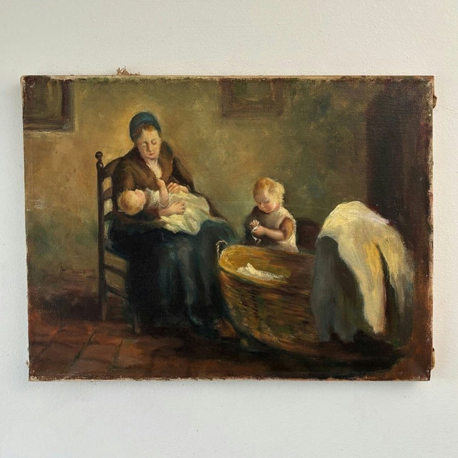 Marvelous Oil Painting Interior "Mother And Children" Fine Small Artwork - Holland Art Shop