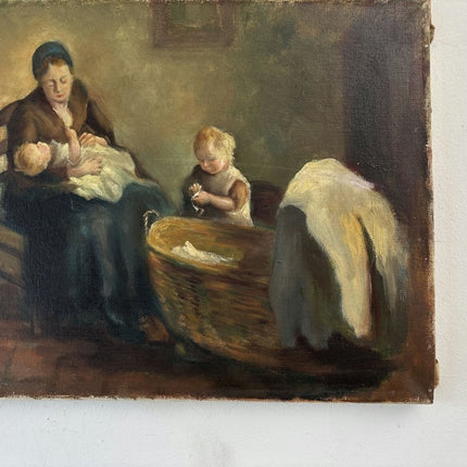 Marvelous Oil Painting Interior "Mother And Children" Fine Small Artwork - Holland Art Shop