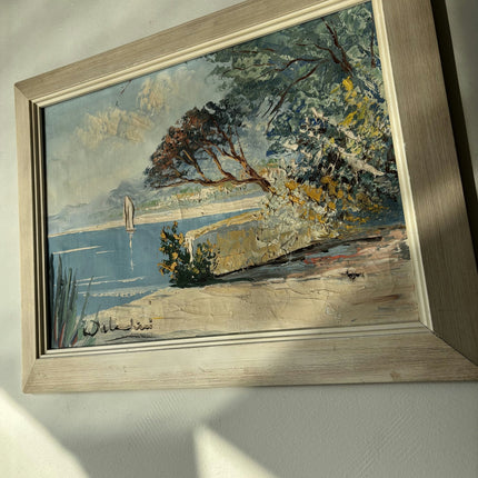 Marvelous Oil Painting Seascape "Lonely Sculpture" Vintage Medium Art - HollandArtShop