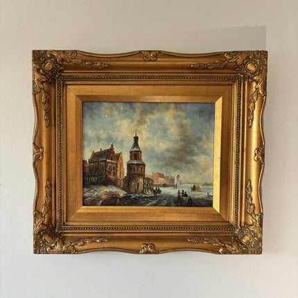Marvelous Oil Painting Winter Landscape "Brick Tower" Intriguing Small Artwork - HollandArtShop
