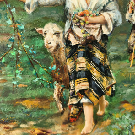 Marvelous Women With Sheep Shepherd Antique Oil Painting Painted with High Skill - HollandArtShop