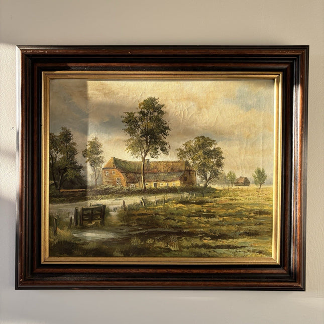 "Meadow Farmhouse" Classic Dutch Landscape Original VIntage Oil Painting - HollandArtShop