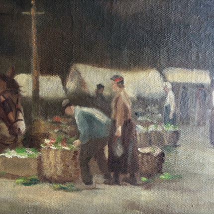 Old Ca. 1920 Dutch Oil Painting Cityscape Market Square Figures Architecture - HollandArtShop