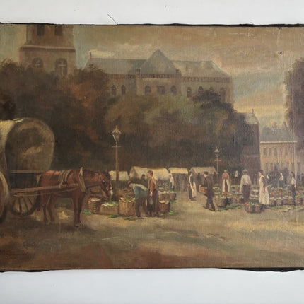 Old Ca. 1920 Dutch Oil Painting Cityscape Market Square Figures Architecture - HollandArtShop
