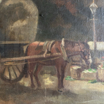 Old Ca. 1920 Dutch Oil Painting Cityscape Market Square Figures Architecture - HollandArtShop