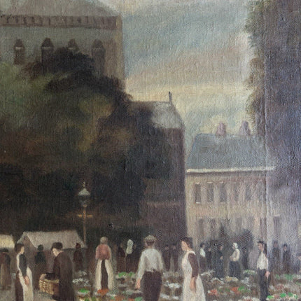 Old Ca. 1920 Dutch Oil Painting Cityscape Market Square Figures Architecture - HollandArtShop