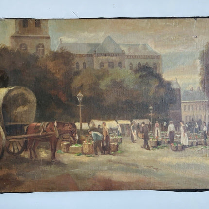 Old Ca. 1920 Dutch Oil Painting Cityscape Market Square Figures Architecture - HollandArtShop