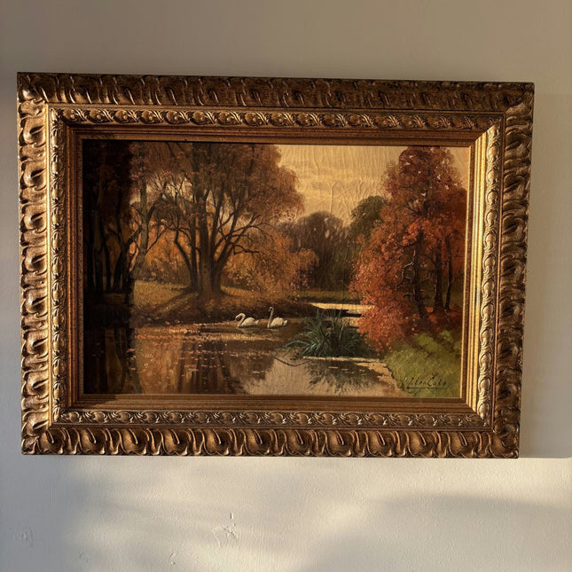 Original Landscape Oil Painting "Swans Reflected" Authentic Large Art - HollandArtShop