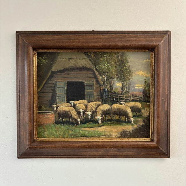 Original Oil Painting Farm "Grazing Sheep" Remarkable Medium Artwork - Holland Art Shop