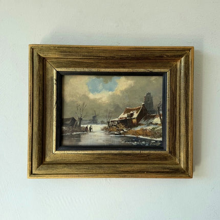 Original Oil Painting Winter Landscape "Fishermen On Ice" Small Artwork - Holland Art Shop