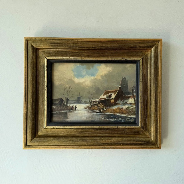 Original Oil Painting Winter Landscape "Fishermen On Ice" Small Artwork - Holland Art Shop