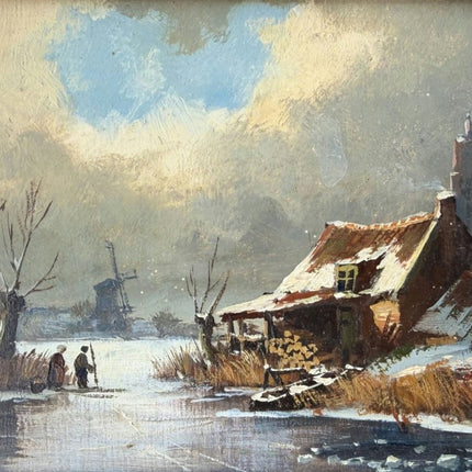 Original Oil Painting Winter Landscape "Fishermen On Ice" Small Artwork - Holland Art Shop