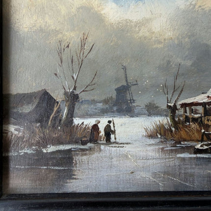 Original Oil Painting Winter Landscape "Fishermen On Ice" Small Artwork - Holland Art Shop