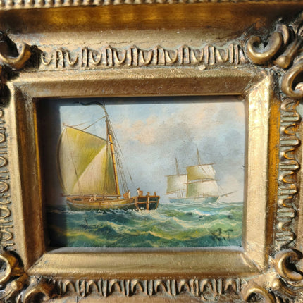 Original Seascape Oil Painting "Sailing Vessels" Intriguing Small Art - HollandArtShop