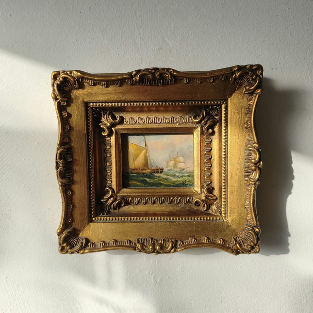Original Seascape Oil Painting "Sailing Vessels" Intriguing Small Art - HollandArtShop