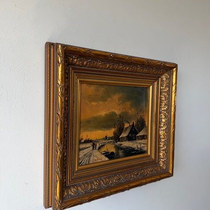 19th Century Oil Painting Winter Landscape "Walking Figures" Small Art Holland Art Shop
