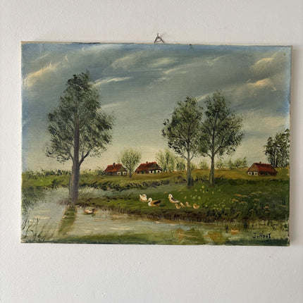 Refined Landscape Oil Painting "Ducks By Water" Authentic Medium Art - HollandArtShop