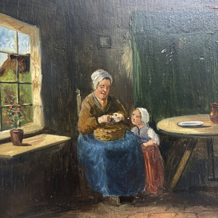 Refined Oil Painting Interior "Grandmothers Care" Antique Small Art - Holland Art Shop