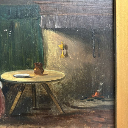 Refined Oil Painting Interior "Grandmothers Care" Antique Small Art - Holland Art Shop
