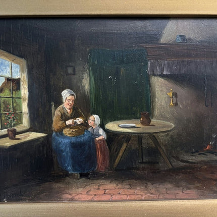 Refined Oil Painting Interior "Grandmothers Care" Antique Small Art - Holland Art Shop