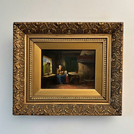 Refined Oil Painting Interior "Grandmothers Care" Antique Small Art - Holland Art Shop