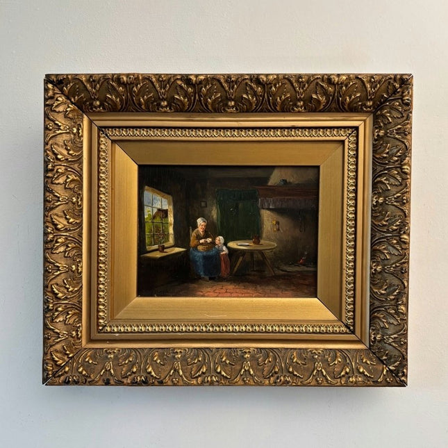Refined Oil Painting Interior "Grandmothers Care" Antique Small Art - Holland Art Shop