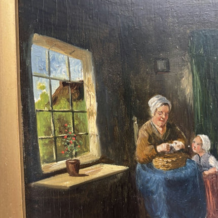 Refined Oil Painting Interior "Grandmothers Care" Antique Small Art - Holland Art Shop
