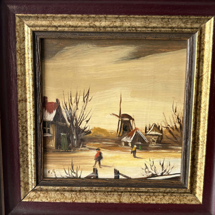 Refined Winter Landscape Oil Painting "Walking Figures" Original Small Art - HollandArtShop
