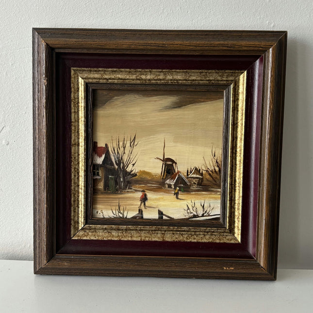 Refined Winter Landscape Oil Painting "Walking Figures" Original Small Art - HollandArtShop