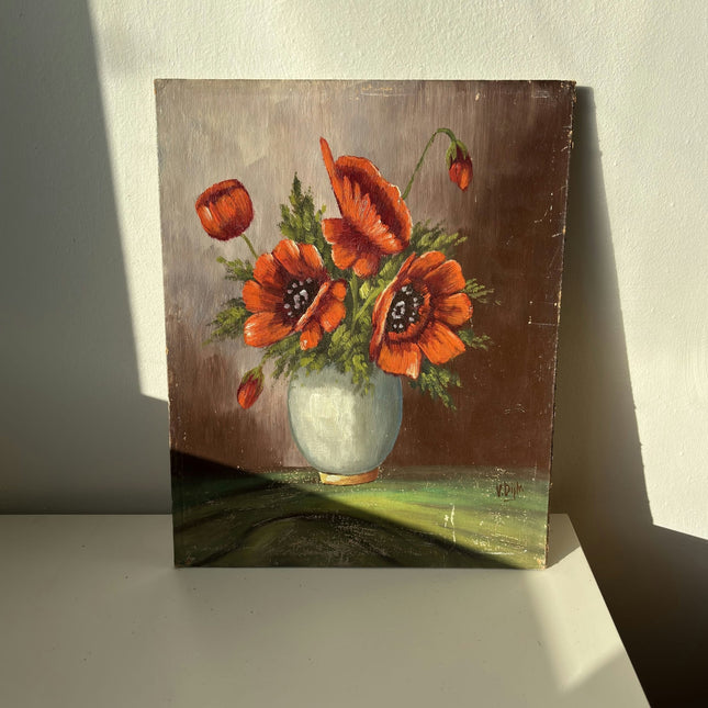 Remarkable Flowery Still Life Oil Painting "Crimson Poppy Bouquet" Small Artwork - HollandArtShop