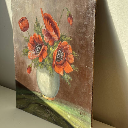 Remarkable Flowery Still Life Oil Painting "Crimson Poppy Bouquet" Small Artwork - HollandArtShop