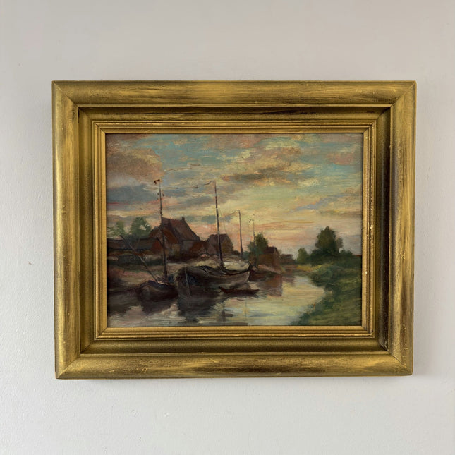 Remarkable Oil Painting Harbor Scene "Fishing Boats" Vintage Medium Art - HollandArtShop