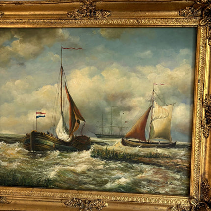 Remarkable Oil Painting Seascape "Sailing Vessels" Antique Medium Art - HollandArtShop