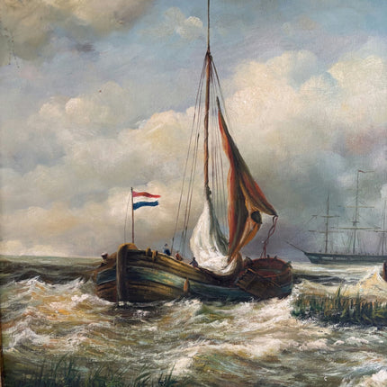 Remarkable Oil Painting Seascape "Sailing Vessels" Antique Medium Art - HollandArtShop