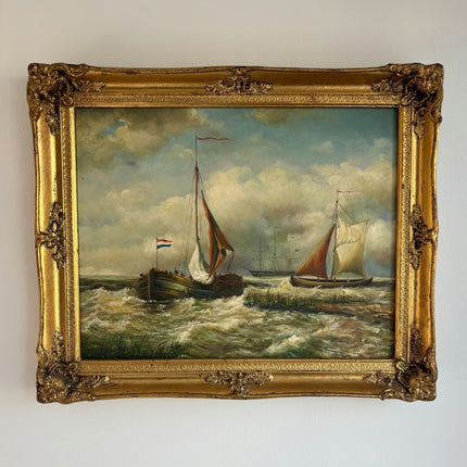 Remarkable Oil Painting Seascape "Sailing Vessels" Antique Medium Art - HollandArtShop