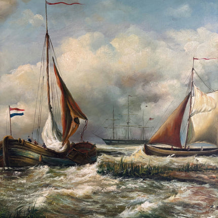 Remarkable Oil Painting Seascape "Sailing Vessels" Antique Medium Art - HollandArtShop