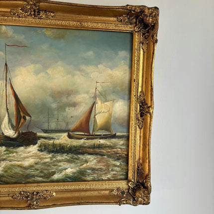 Remarkable Oil Painting Seascape "Sailing Vessels" Antique Medium Art - HollandArtShop