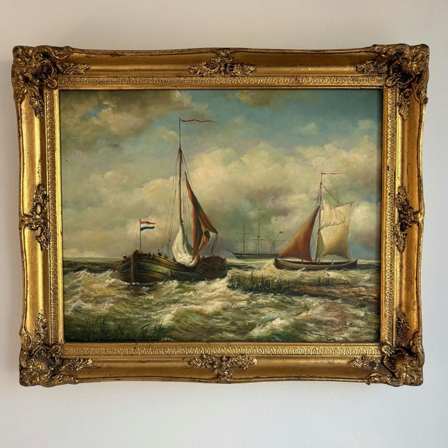 Remarkable Oil Painting Seascape "Sailing Vessels" Antique Medium Art - HollandArtShop