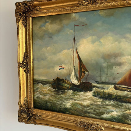 Remarkable Oil Painting Seascape "Sailing Vessels" Antique Medium Art - HollandArtShop