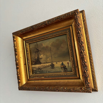 Remarkable Oil Painting Winter Landscape "Windmill Scene" Intriguing Small Art - HollandArtShop