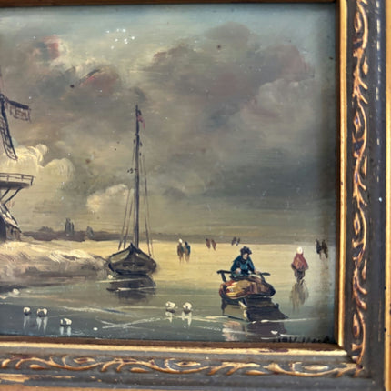 Remarkable Oil Painting Winter Landscape "Windmill Scene" Intriguing Small Art - HollandArtShop